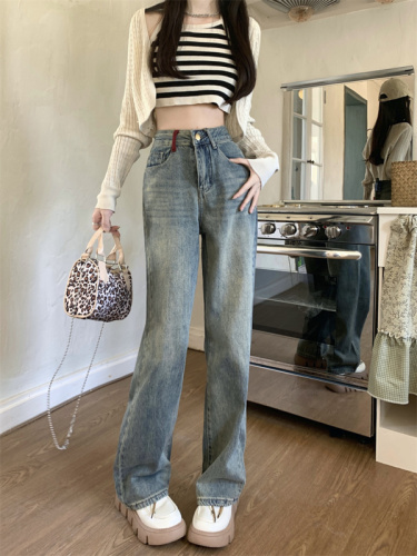 Real shot personalized red pocket jeans women's spring  new loose and slim straight wide-leg pants