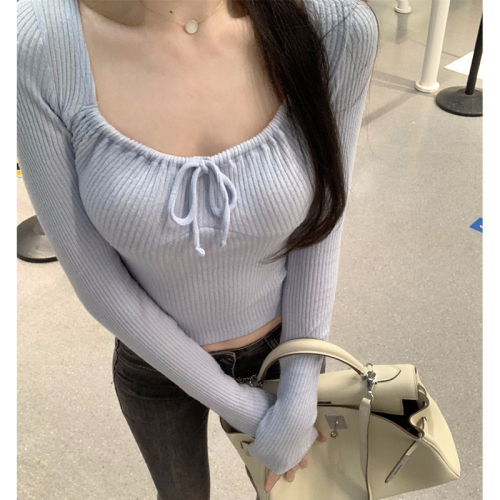 Ribbed pit corduroy super hot fashion early spring new hot girl square collar long-sleeved T-shirt bottoming shirt tide