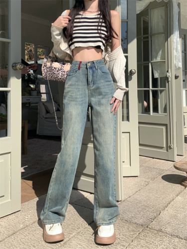 Real shot personalized red pocket jeans women's spring  new loose and slim straight wide-leg pants