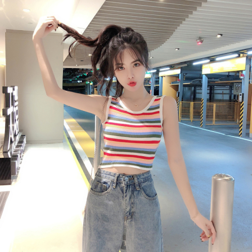 Hyuna wind top vest colorful rainbow striped knitted sweater women's short navel bottoming shirt all-match slimming summer