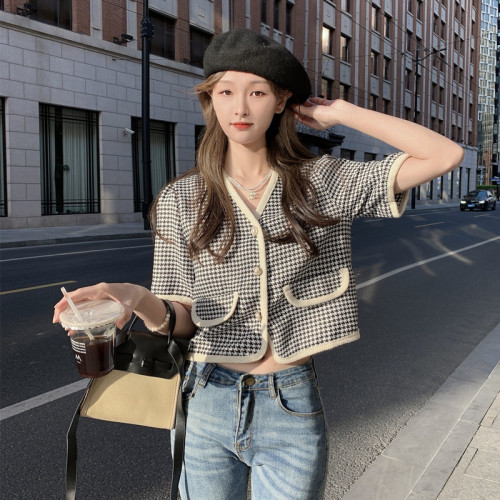 Real shot real price Xiaoxiang wind houndstooth shirt jacket short-sleeved top women