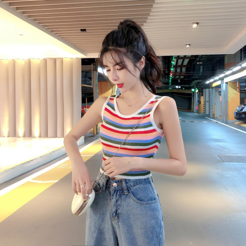 Hyuna wind top vest colorful rainbow striped knitted sweater women's short navel bottoming shirt all-match slimming summer