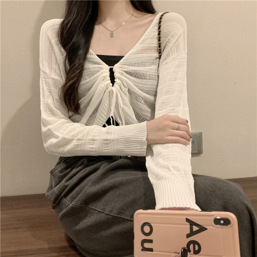 Real Price Double Wear Hollow Drawstring Long Sleeve T-Shirt Top Female