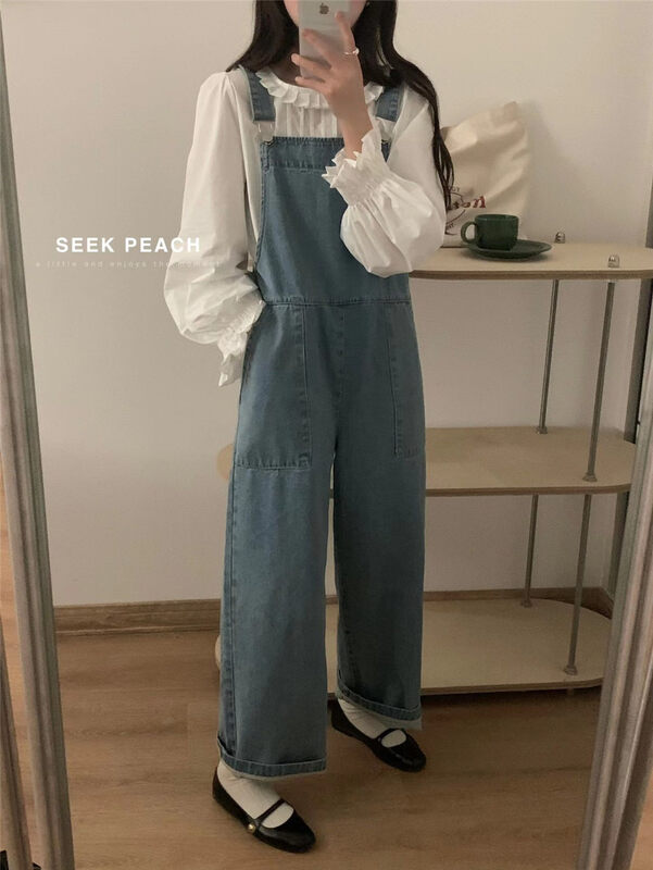 2023早春新款!【SEEK PEACH】高腰舒適闊腿百搭背帶褲(只賣褲子)  P20093#  L