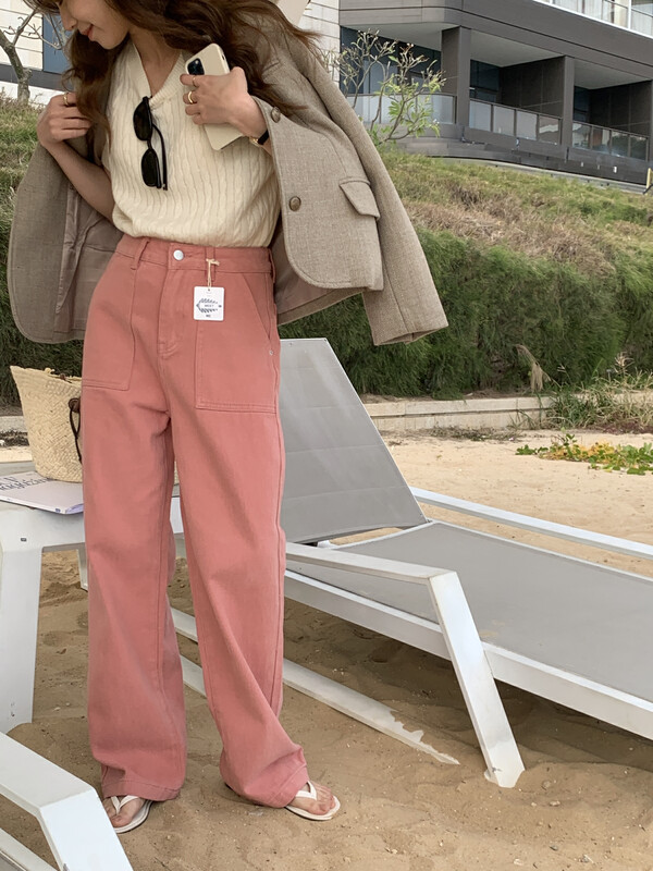 2023 early spring new!【MEET ME】pink pocket straight jeans Z61617# L