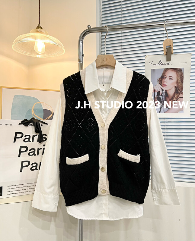 2023早春新款!【JH】小香風撞色邊排扣馬甲+純色襯衫兩件套裝  43457#  PCZ
