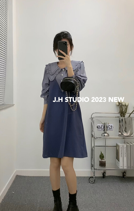 2023早春新款!【JH】假兩件拼接娃娃領寬鬆連衣裙  43480#  PCZ