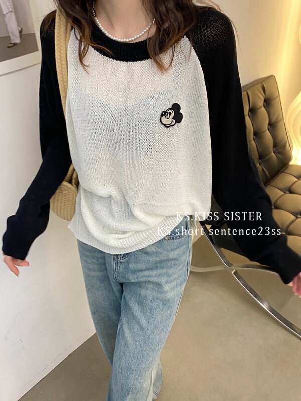 2023早春新款!【KS】拼色插肩袖米奇刺繡針織衫  21589#  LSL