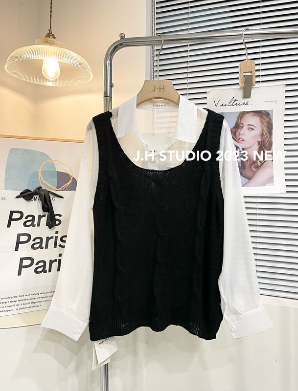 2023 early spring new! 【JH】Solid color loose shirt + vest vest two-piece suit 43450# PCZ