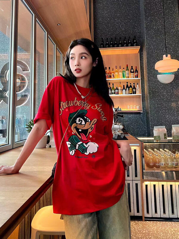 【YT】Chinese red hand-painted fun cartoon print short-sleeved T-shirt T51748# PCZ
