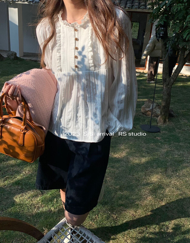2023 early spring new!【RS】Pleated small lace round neck shirt KL8191# FHX