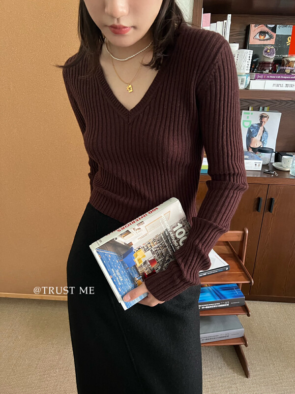 【TRUSTME】Simple all-match V-neck vertical striped pullover sweater 40332