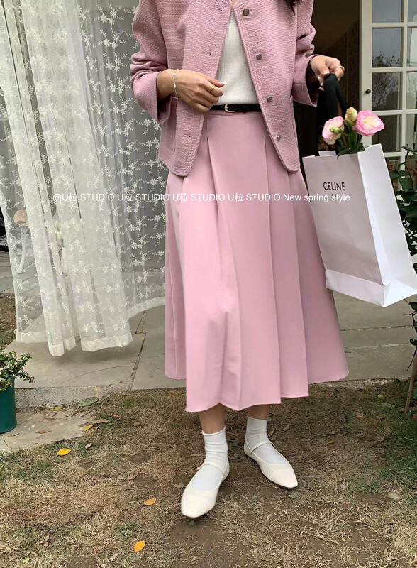 [U granules] Simple and advanced wind pressure pleated belt style slim skirt skirt (with waist rope) 3021