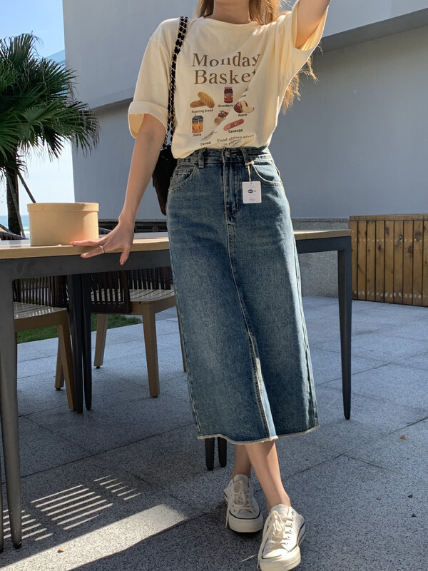 2023 early spring new! 【MEET ME】Vintage orchid slit all-match denim skirt 61672# L