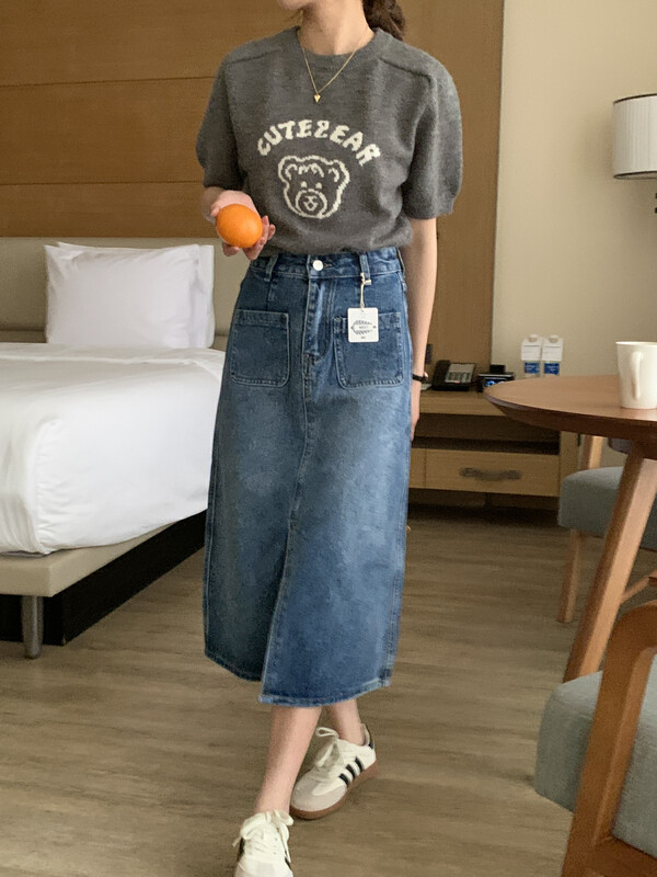 2023 early spring new! 【MEET ME】Pocket slit temperament denim skirt 61635# L