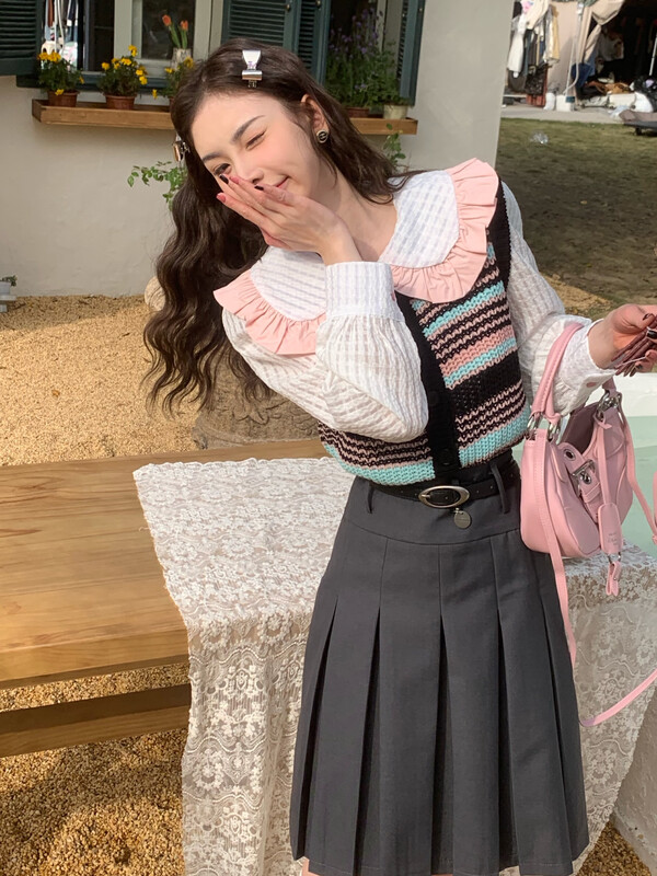 [FEI MAO] All-match single-breasted spring shirt coat ruffled doll collar hollow shirt Z-9051# LSL