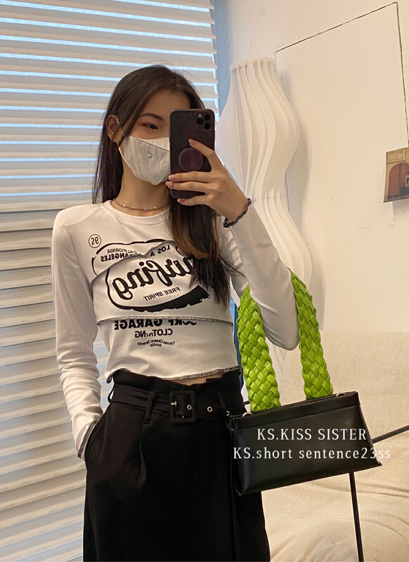 2023 early spring new! 【KS】Western-style old-fashioned letter print showing figure waist long-sleeved T-shirt M22057# LSL