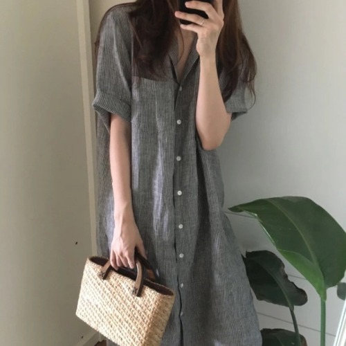 Korean chic style lapel stripe loose medium length short sleeve shirt dress women loose