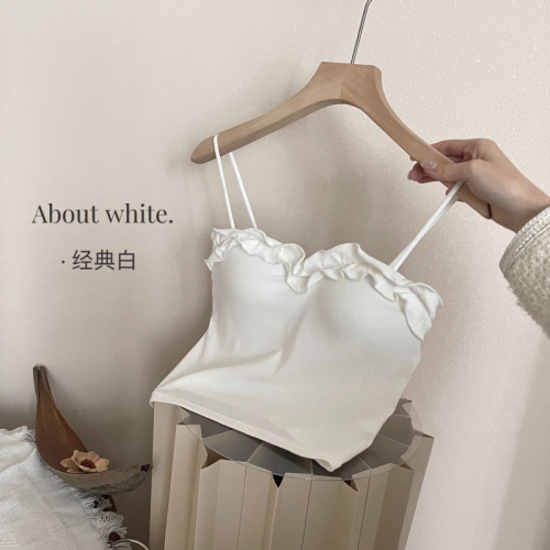 Real price spring wood ear side solid color camisole with chest pad slim fit bottoming outerwear simple top
