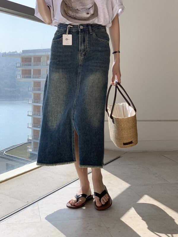 2023 early spring new! [MEET ME] retro slit high waist all-match denim skirt M61682# L