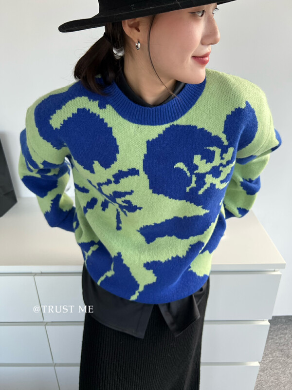 [TRUSTME] pastoral retro pattern color matching sweater 40279