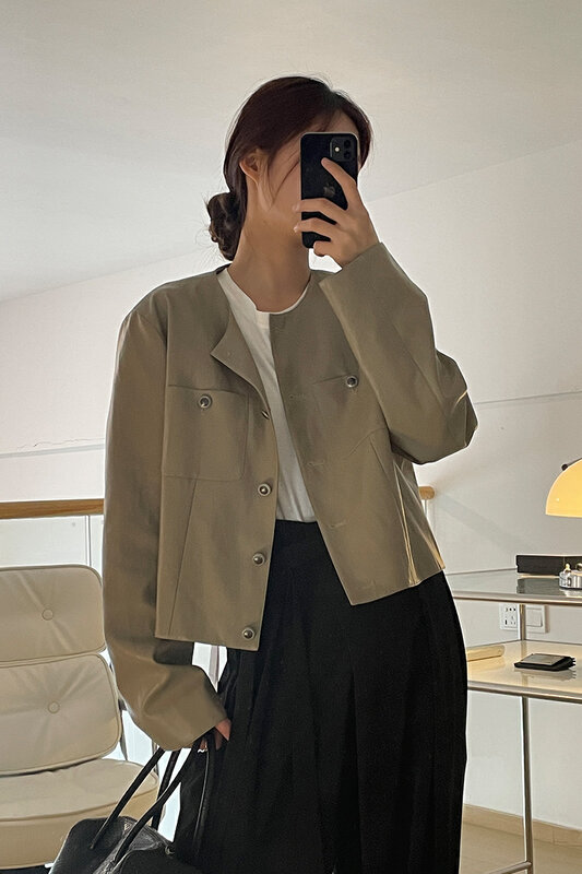 2023 early spring new! [CLEAN SPACE] Round neck single-breasted pocket all-match short coat 35538S# CLS