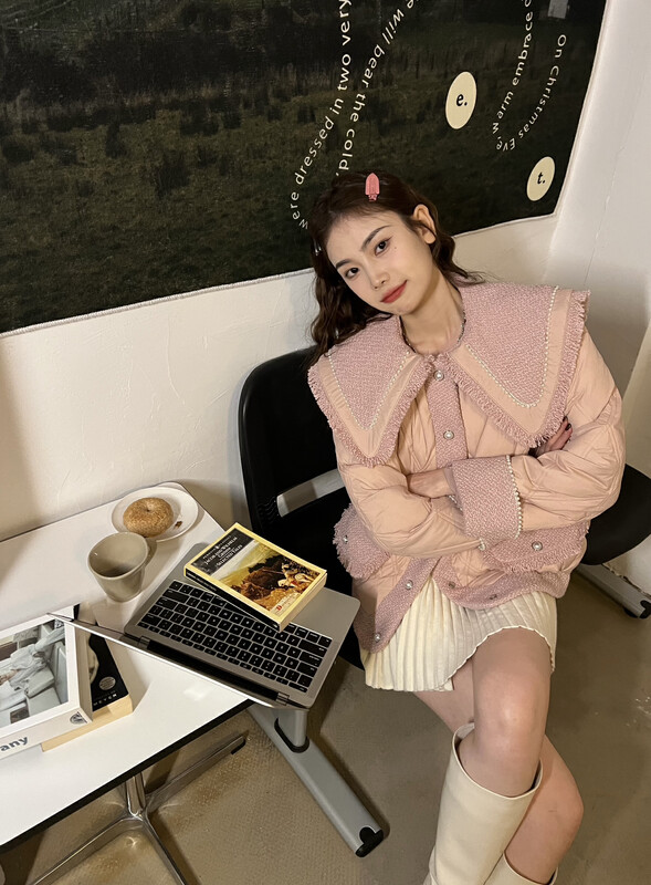 【FEI MAO】Korean version of beaded fur-edged doll collar rhombic lattice small fragrant style down short jacket Z-6855