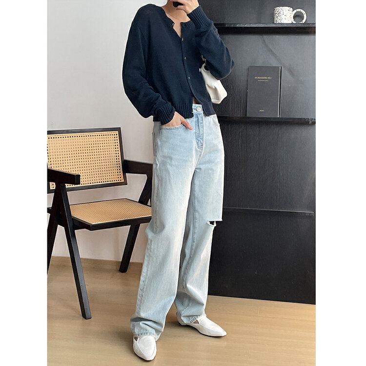 2023 early spring new!【CLEAN SPACE】high waist straight jeans with holes personality 35315S# CLS