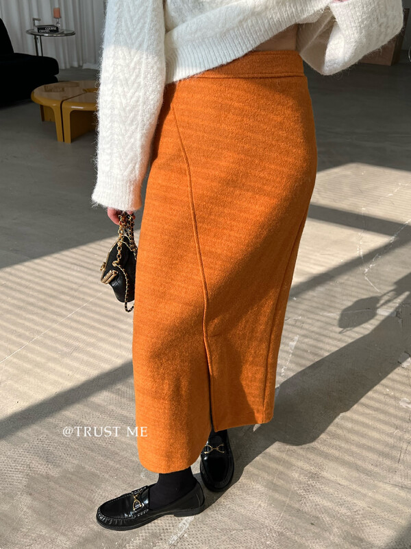 【TRUSTME】Big brand simple solid color temperament front slit skirt woolen 40336