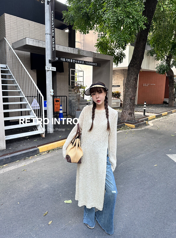 【RIN】Korean all-match commuter slit long knitted dress R2516
