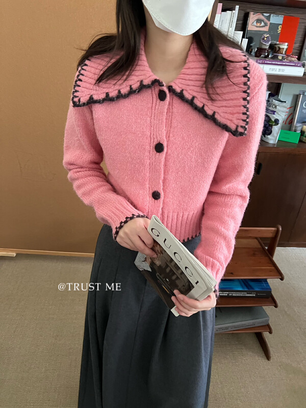 Original price 104.99! 【TRUSTME】Korean style ladies cute all-match contrast color stitch doll collar sweater 40402