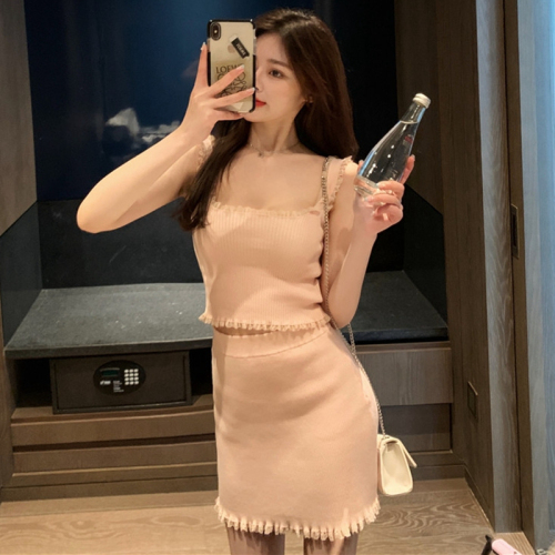 Small French light cooked style lace self-cultivation sexy vest waist skirt knitted suit 2023 summer new