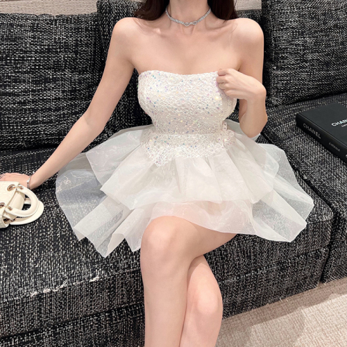 Real shot Temperament socialite lace embroidery sequins stitching organza tutu skirt tube top dress dress
