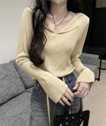 Real price real shot long-sleeved polo collar knitted sweater women's new loose lapel bottoming shirt top