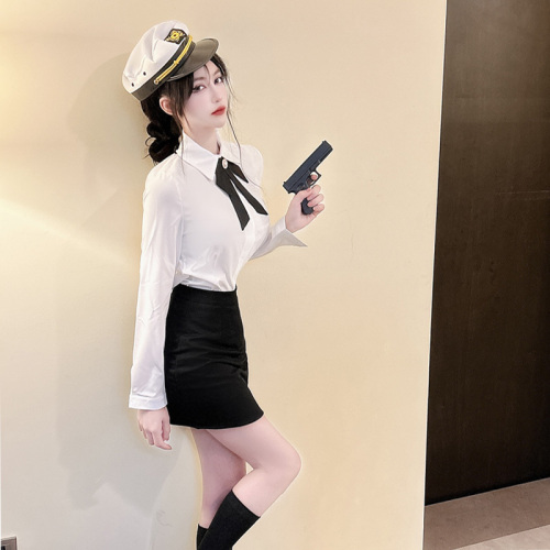 Actual shot of work clothes for women, spring fashionable business attire, white long-sleeved chiffon shirt, hip-covering skirt, two-piece set