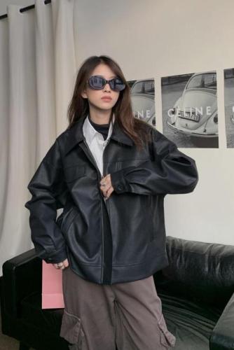 2023 Real Shot Retro Niche Art Cool Design Lapel Loose Versatile Zipper Leather Jacket Jacket Women