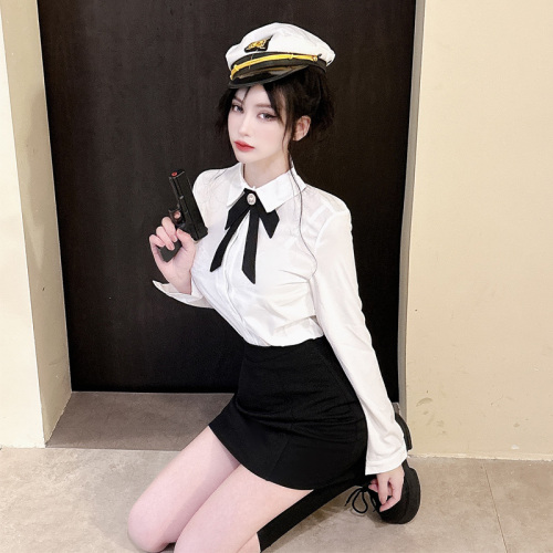 Actual shot of work clothes for women, spring fashionable business attire, white long-sleeved chiffon shirt, hip-covering skirt, two-piece set