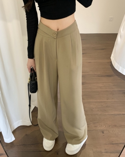 Real shot of spring Hong Kong style design sense high waist slimming drapes suit pants ins high quality wide leg mopping pants tide