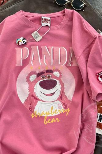 Pack collar pure cotton dropped shoulders pure cotton retro strawberry bear print half-sleeved T-shirt loose