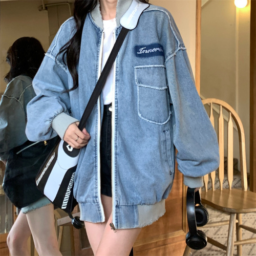 Real price~jacket denim jacket women's spring and autumn new large version loose and versatile letter baseball jacket top trend