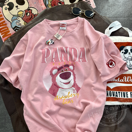 Pack collar pure cotton dropped shoulders pure cotton retro strawberry bear print half-sleeved T-shirt loose