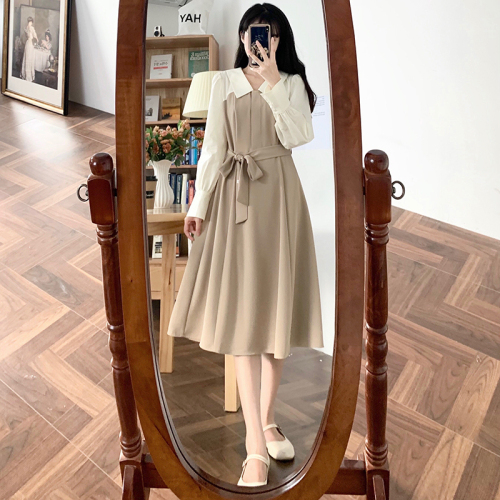 Real shot with zipper on the back  spring new French color contrast stitching dress high waist gentle wind skirt