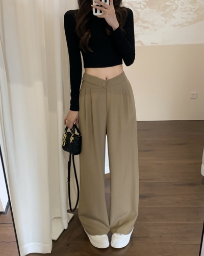 Real shot of spring Hong Kong style design sense high waist slimming drapes suit pants ins high quality wide leg mopping pants tide