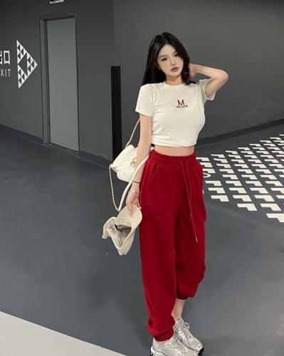 Real shot real price spring and summer fashion embroidery slim short T-shirt women's high waist sports casual pants suit