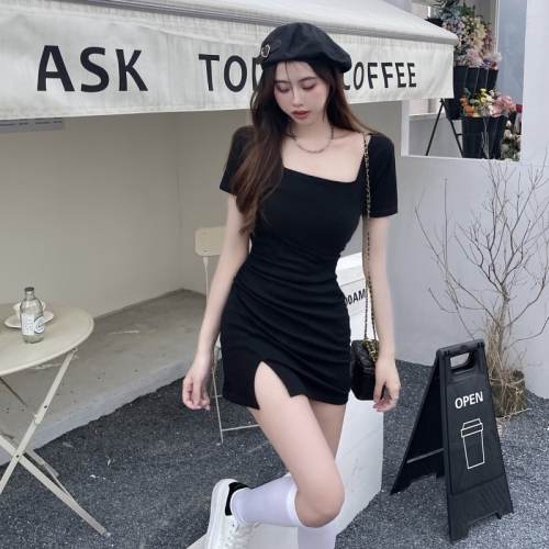 Real shot of pure cotton summer new square collar short-sleeved waist elastic bag hip design slit Hong Kong style dress