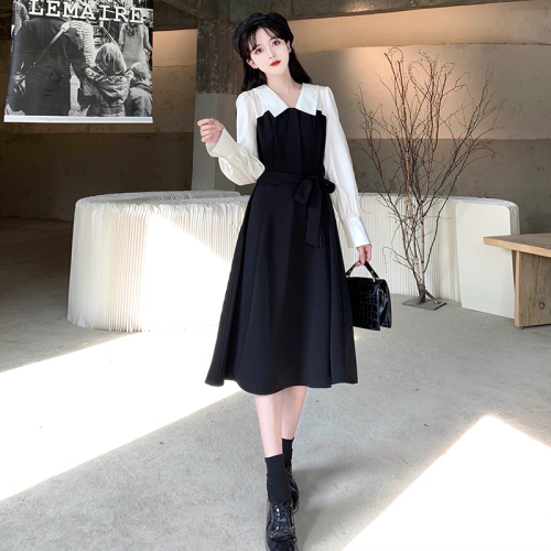 Real shot with zipper on the back  spring new French color contrast stitching dress high waist gentle wind skirt