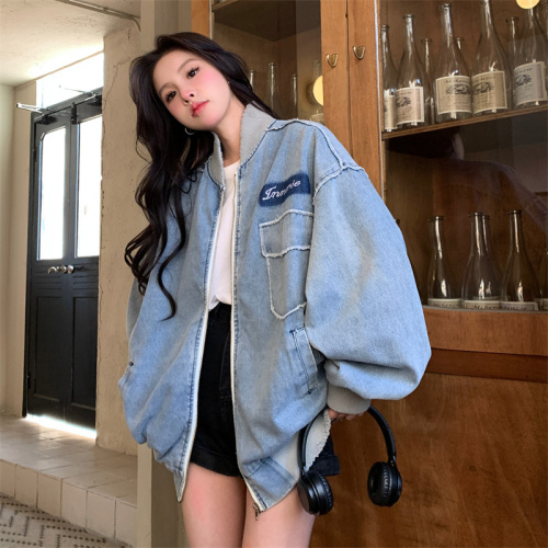 Real price~jacket denim jacket women's spring and autumn new large version loose and versatile letter baseball jacket top trend