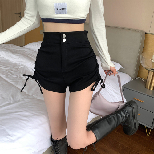 Real shot real price all-match shorts women's outerwear fashion design drawstring straps pleats slim casual boot pants