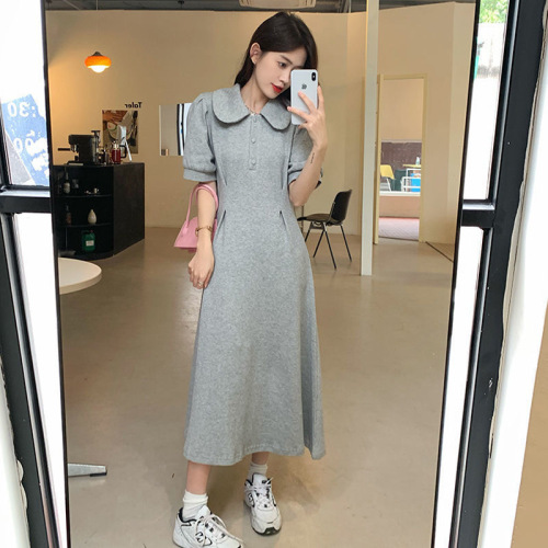 Gray POLO collar dress women's summer 2023 new small French retro chic puff sleeve skirt