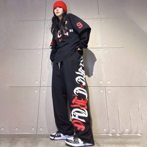 Black red and white floral trousers for women hip hop loose sports fashion dance jazz hiphop street dance ins dance pants